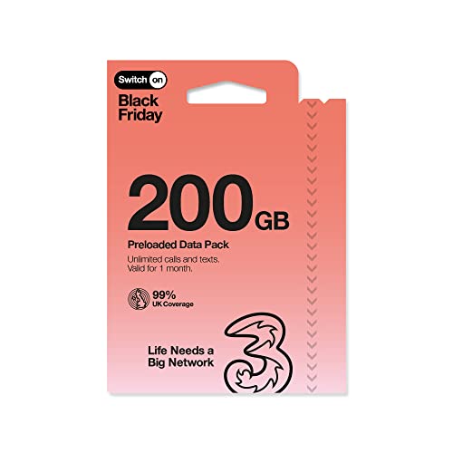 Three 200GB Preloaded Data Pack inc Unlimited Calls & Texts Valid for 1 Month